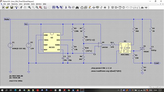 LTspice Schaltplan mit NE555, LM358 und TRIAC