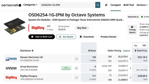 Screenshot einer Distributor-Webseite für OSD6254-1G-IPM