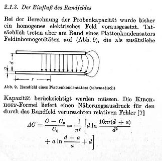 Textseite mit physikalischer Formel und Skizze eines Kondensators