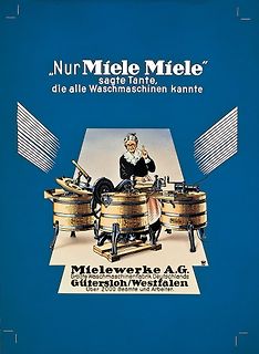 Miele Werbeplakat mit Illustration einer Frau und Waschmaschinen