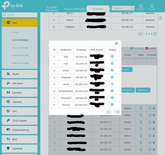 Benutzeroberfläche eines TP-Link Routers mit Geräteliste