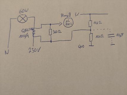 Handgezeichneter Schaltplan mit ATmega8 und Last