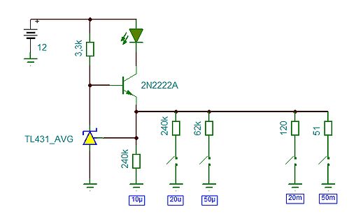 Schaltplan mit Transistor, TL431 und Widerstandsnetzwerk