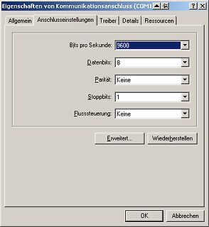 Windows-Dialogfenster für COM1-Kommunikationseinstellungen