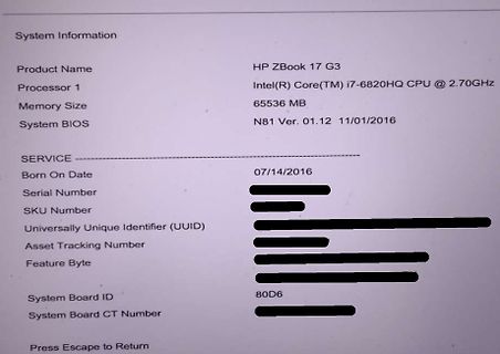 Foto von Systeminformationen eines HP ZBook
