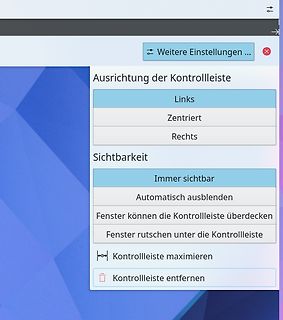 Kontextmenü für die Ausrichtung und Sichtbarkeit der Kontrollleiste