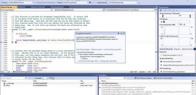 Screenshot einer Software-Fehlermeldung und Code-Ansicht