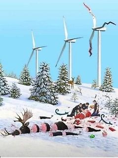 Surreale digitale Illustration mit Windrädern und zerstückeltem Elch