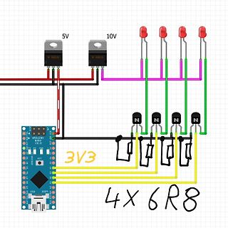 Farbiger Schaltplan mit Arduino Nano, Spannungsreglern und LEDs