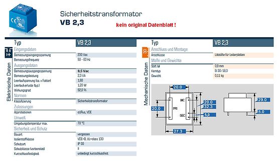 Datenblatt eines Sicherheitstransformators VB 2,3