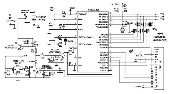 Schaltplan mit ATmega 328, LCD und Netzteil