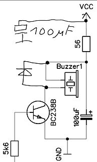 Handgezeichneter Schaltplan mit Buzzer und Transistor