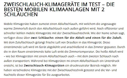 Text über mobile Klimageräte mit zwei Schläuchen