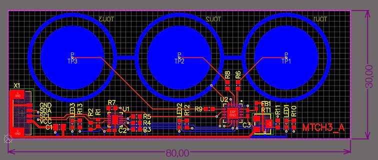PCB-Layout einer Leiterplatte mit drei großen kreisförmigen Strukturen