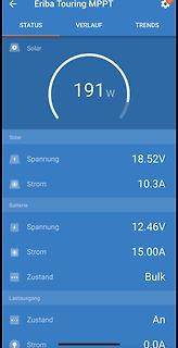 App-Screenshot eines Eriba Touring MPPT Laderegler-Status