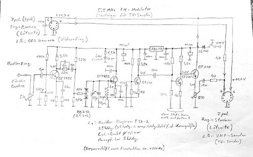 Handgezeichneter Schaltplan eines 5,5 MHz FM-Modulators