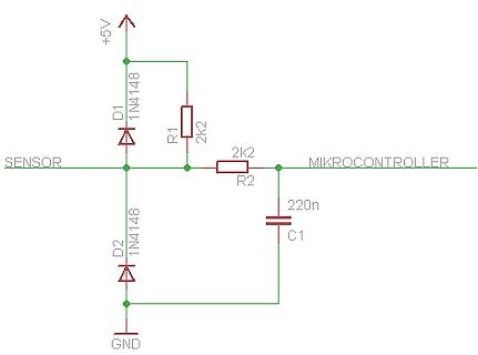 Schaltplan einer Sensor-Eingangsschaltung mit Schutzbeschaltung