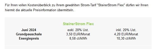 Preisinformation Strom-Tarif SteirerStrom Flex