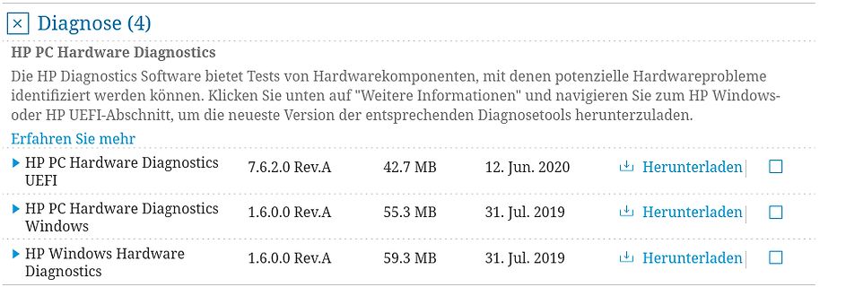 Download-Seite für HP PC Hardware Diagnostics Software