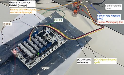 Verdrahtung eines Mikrocontroller-Aufbaus mit Beschriftungen
