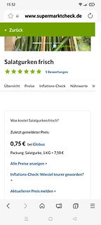 Screenshot einer Website zu Salatgurken Preisen