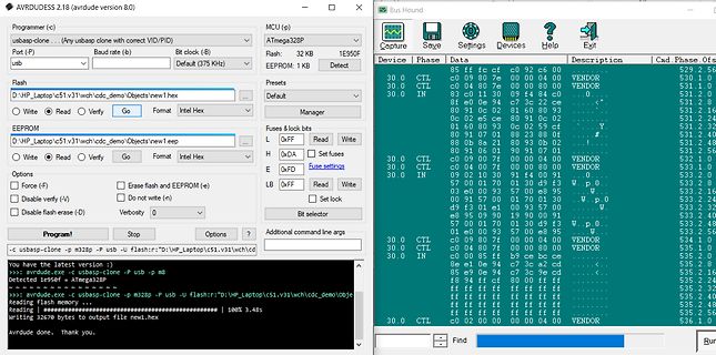 Software-Screenshot von AVRDUDE und Bus Hound