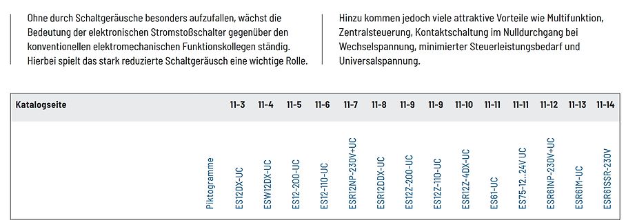 Textabschnitt und Produkttabelle eines Katalogs
