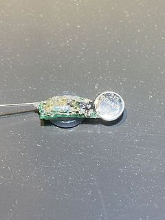 Knopfzellenbatterie auf einer Leiterplatte mit Korrosionsspuren