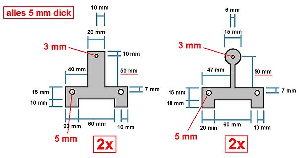 Technische Zeichnung zweier T-förmiger Bauteile mit Maßen