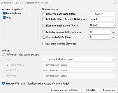 Einstellungsmenü für Leiterbahn- und Via-Eigenschaften in einer Software