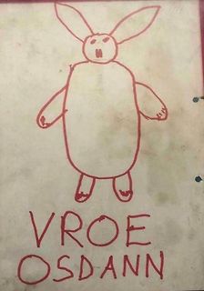 Rote Zeichnung eines Hasen mit Text