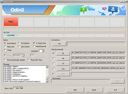 Screenshot der Odin3 Software mit Fehlermeldung