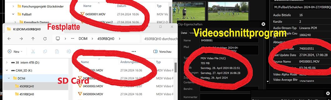 Screenshot von Dateimanager und Videoschnittprogramm mit Markierungen