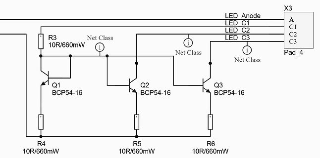 Schaltplan mit drei Transistoren und LEDs