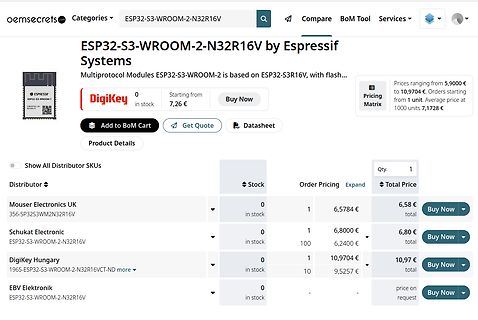 Webseite eines Elektronik-Distributors für ESP32-S3-WROOM-2 Modul