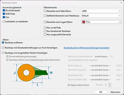 Dialogfenster Teardrops setzen in einer PCB-Software