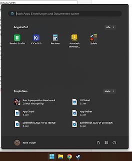 Windows Startmenü mit angehefteten und empfohlenen Apps