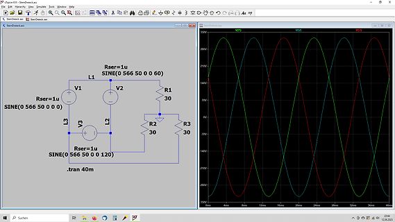Schaltplan und Oszillogramm einer Dreiphasen-Simulation