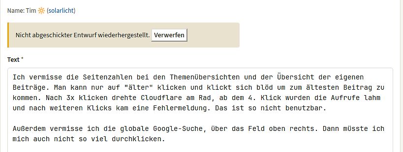 Textnachricht in einem Forum über Website-Probleme