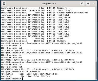Linux Terminal mit Verzeichnisauflistung und dd-Befehlen