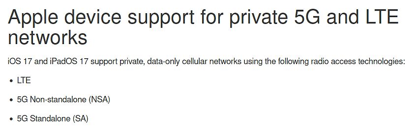 Text über Apple Gerät Unterstützung für private 5G und LTE