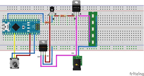 Fritzing-Illustration eines Breadboard-Aufbaus mit Arduino und MOSFET