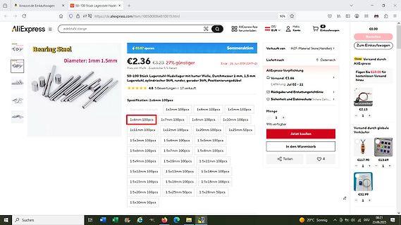 AliExpress Produktseite für Stahlstifte