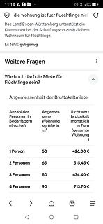 Screenshot einer Webseite mit Tabelle zu Mietkosten