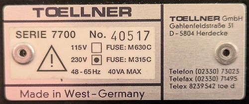Typenschild eines Toellner Geräts