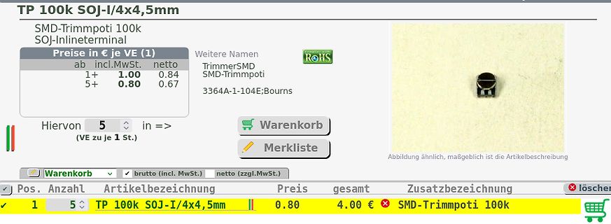 Screenshot eines Online-Shops für ein SMD-Trimmoti