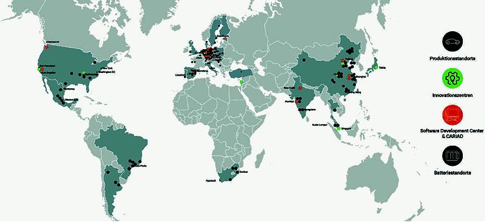 Weltkarte mit Standorten von Produktionsstätten, Innovationszentren und Software-Entwicklungszentren