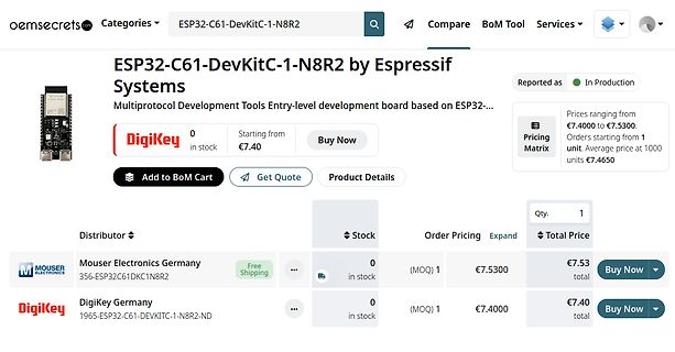Produktseite eines ESP32-C61 DevKitC-1-N8R2 auf oemsecrets.com
