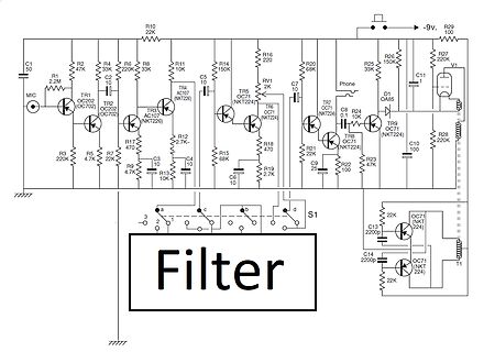 Schaltplan eines Mikrofonverstärkers mit Filterstufe