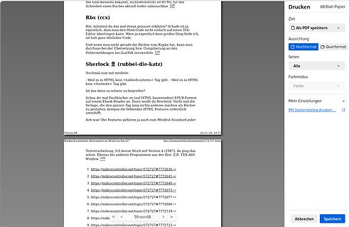 Screenshot eines Druckdialogs und Textabschnitte